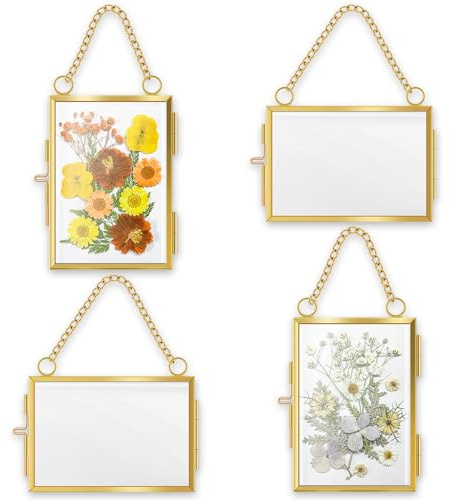 4 Pcs Mini Gold Glass Hanging Photo Frames, Small Floating Frame with Chain | 2 Landscape & 2 Portrait, Freestanding or Wall Hung, Ideal for Photos Dried Flowers Artworks Pressed Plants Display
