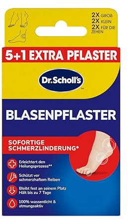 Dr. Scholl's Blasenpflaster, Lindert Blasenschmerzen sofort, 2 große, 2 kleine Pflaster und 2 für die Zehen, 100 Prozent wasserdicht und atmungsaktiv, hält bis zu 7 Tage