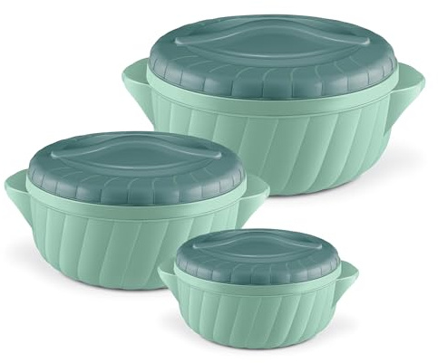 Milton Flora Regular Set Insulated Inner Steel Casserole for Roti 3Pc (750ml 1.25L & 2.1L) Hot Box for Kitchen, Hot Pot with Lid Chapati Box, Roti Casserole, Serving Boxes, Hotcase, Light Green