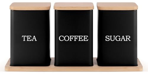 Ehc Tea, Coffee, Sugar, Canister Set, Storage Canister Set with Tray - Easy to Open Airtight Lids - Storage Tea, Sugar, & Coffee - Set of 3 Canisters, Black