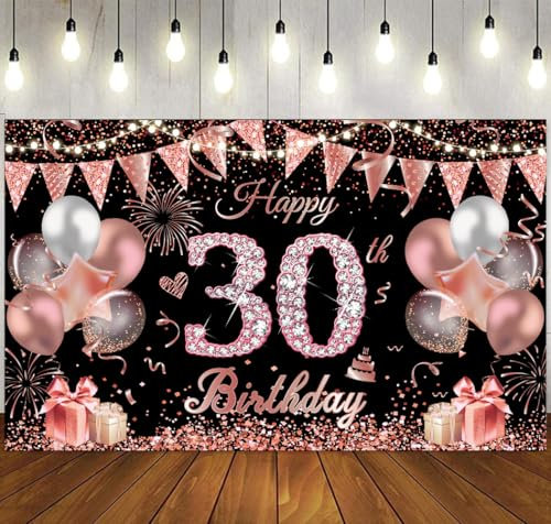 Happy Birthday Banner Geburtstag Dekoration Schwarz Roségold, Banner Geburtstag Hängende Dekoration, GeburtstagDeko für Mädchen&Frauen (30th)