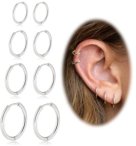 4 Paar Ohrringe Gold Silber Set Medizinische Chirurgenstahl Creolen Damen Herren Hypoallergen Ohrringe Edelstahl Dünn Creolen Klein Für Helix Piercing für Männer 6mm 8mm 10mm 12mm(Silver 1.6mm Thin)