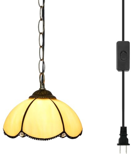 Blivuself Tiffany Pendelleuchte Hängelampe Plug in Leuchte Vintage Gelb Glasmalerei Hängelampe für Zuhause Dekoration Esszimmer Wohnzimmer Arbeitszimmer Flur Küche Insel