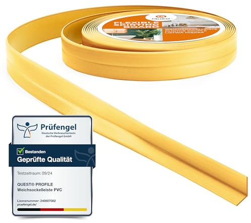 Quest Battiscopa Morbido Adesivo | 10 mm x 10 mm | Striscia di Chiusura - Nastro Sigillante Per il Bagno Per la Cucina - PVC Flessibile - Stretto Decorativo (Oro, 5 metri)