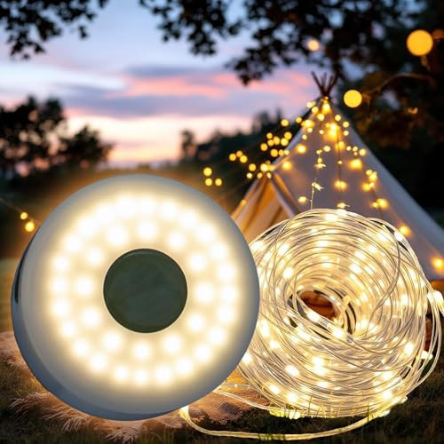 Spetebo Camping Lichterkette 2in1 aufrollbar USB aufladbar - 10 m / 136 LED - Akku Lampe warm weiß mit 7 Leuchtfunktionen - Campinglampe Garten Leuchte tragbar wiederaufladbar