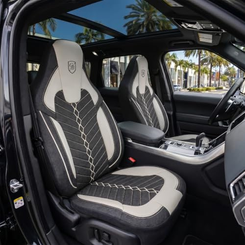 GIOVANNI BUTTI Autositzbezüge Universal für PKW & SUV – Premium Vordersitze Auto Sitzbezug aus Leinen, Schwarz-Sandfarben, Airbag-Kompatibel Sitzauflage, Autoschonbezug, Komplett Set inkl. Montageset