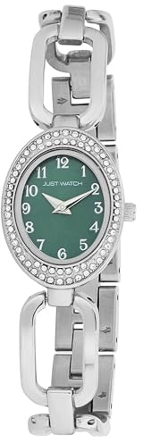 Just Watch Tura Damenuhr mit Edelstahl Gliederarmband, Oval, 3 ATM, silberfarben (Grün/Silber)