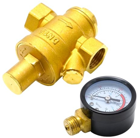 Ollanoos DN15 Brass Pressure Regulator, Water Pressure Reducer with Gauge, Adjustable 1.6 MPa Piston Valve for Home Industrial Plumbing Irrigation System