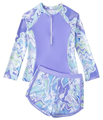 UV Badeanzug Mädchen mit Gepolsterte BHS Gr 128-158, Langarm Kinder UV Badebekleidung Tankini mit Badeshirt & Shorts, Teenager Schwimmshirt UV Shirt Schwimmanzug, Lila Wellen 8-9 Jahre