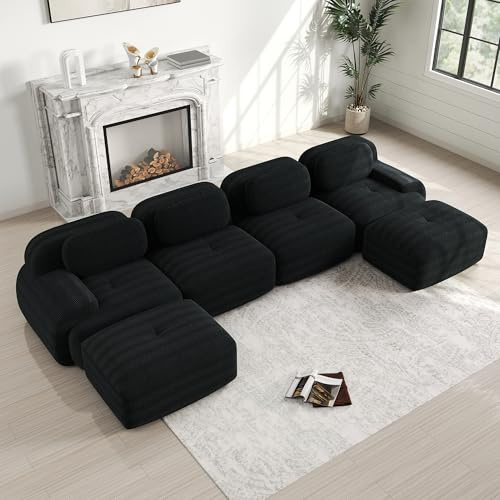 Bladez Modernes 4-Sitzer Cord Sofa Modulares U-förmiges Ecksofa mit Ottoman Hocker, Ohne Montage, Cloud Polstersofa Couchs kombinierbar, für Wohnzimmer (Schwarz, 4-Sitzer+2)