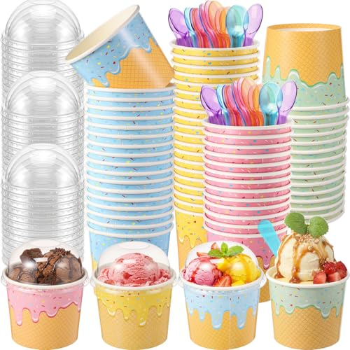 Jingmore 40 Pack Ice Cream Cups with Lids and Spoons Paper Dessert Cups Colorful Sundae Bowls Disposable Ice Cream Containers for Hot Soup Spring Summer Graduation Bar Party Supplies (4 oz)