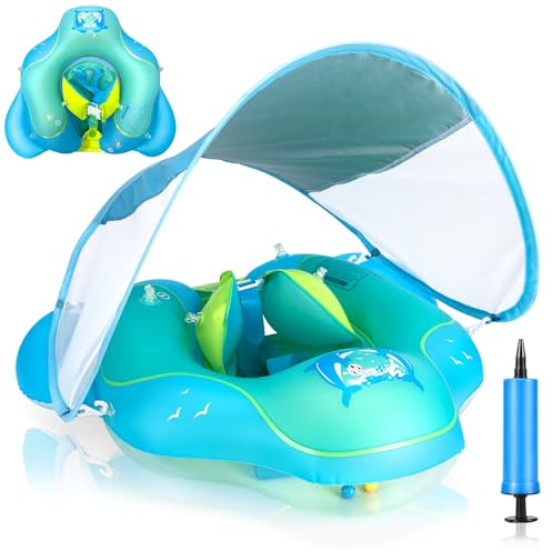 Flotador Bebe, Flotador para bebés con toldo de protección Solar SPF50+ extraíble Flotadores para niños recién Nacidos Asiento de natación Ajustable Flotador de Piscina para 6-36 Meses, Azul