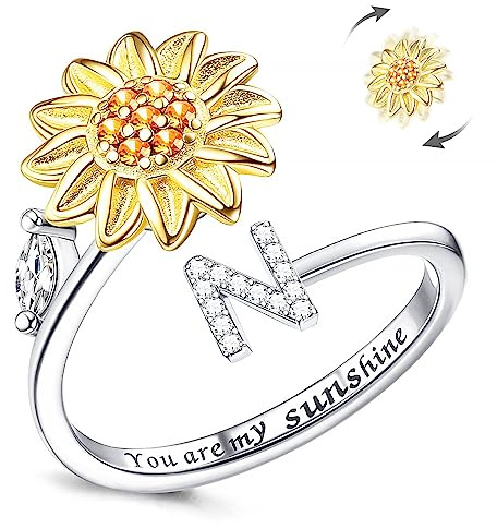 LucBuy Zappelringe für Damen, Silberner Buchstaben Sonnenblumen Spinner Fingerring, Verstellbare Größe Stapelbar Stressabbau Anti-Angst Ring, Innenseite mit ‘You Are My Sunshine’ Graviert Schmuck