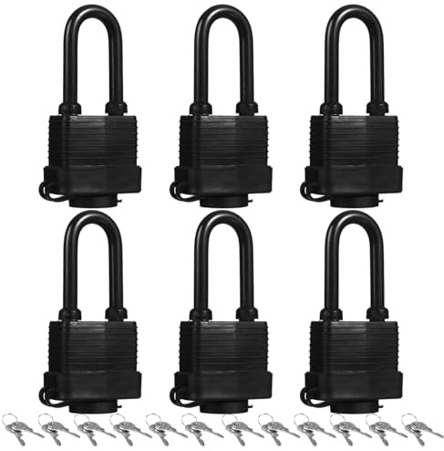 6 candados resistentes al agua, carcasa exterior de plástico y cilindro de latón cerradura, 12 llaves (no universales) para garajes, vallas, almacenes, cobertizos de almacenamiento