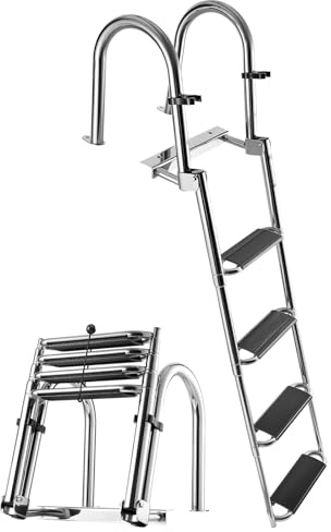 VEVOR Boat Ladder, 4 Steps Stainless Steel Telescoping Folding Swim Deck Ladder for Rear Entry Inboard, 600lbs Capacity with 4.1'' Extra Wide Steps & Handrails, for Outboards, Yacht, Pontoon Boat