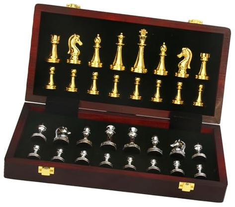 HDOYTXXM Tragbares Schachspiel aus Holz mit Schachfiguren aus Metall und faltbarem Design für unterwegs Reiseschachspiel