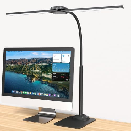 EppieBasic Schreibtischlampe LED Doppelkopf Dimmbar mit Metallbasis | Augenschutz Tageslichtlampe mit einstellbarer Helligkeit für Homeoffice, Büro, Lesen und Studium Schwarz