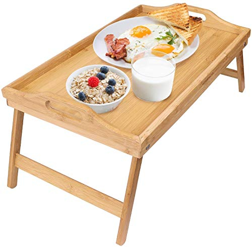 Home-Neat Tablette de Lit Pliable Plateau Petit Déjeuner au Lit Pliant en Bambou laqué Bois H x l x P: 25 x 52 x 33 cm avec poignées Transport Table appoint Table de Service, Nature