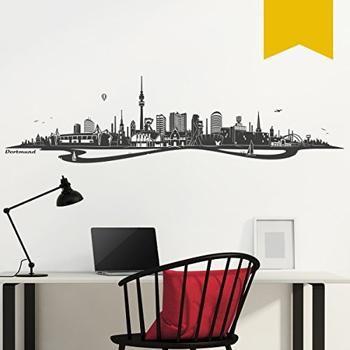 WANDKINGS Wandtattoo - Skyline Dortmund (mit Fluss) - 120 x 31 cm - Goldgelb - Wähle aus 6 Größen & 35 Farben