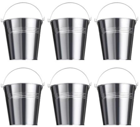 STOBOK 6pcs Serving Buckets Mini Tinplate Metal Buckets for Icing French Fries Snacks, Silver, 10.5 x 7.2 x 10.5 cm
