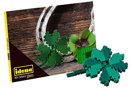 Idena 40155 - Postkarte Kleeblatt mit einem 3D Modellbauset mit 48 Original Brixies Minibausteinen, Schwierigkeitsgrad 1, Grußkarte oder Mitbringsel für Kinder und Erwachsene