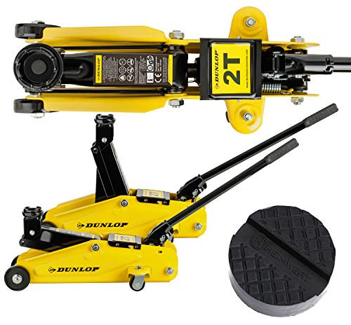 DUNLOP- Hydraulischer Rangierwagenheber 2T,Kfz-Wagenheber mit Tragegriff, Auflagefläche 360° drehbar, lenkbare Rollen, GS geprüft (Rangierwagenheber + Gummiauflage)