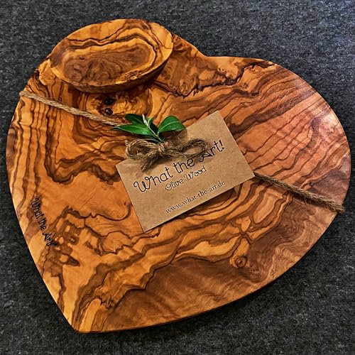 What the Art!® Olive Wood «Valentino» Gr. M | Olivenholz Schneidebrett inkl. Dip-Schälchen | Handarbeit | 24 x 22 x 2 cm | Käsebrett - Servierbrett - Brotzeitbrett - Vesperbrett