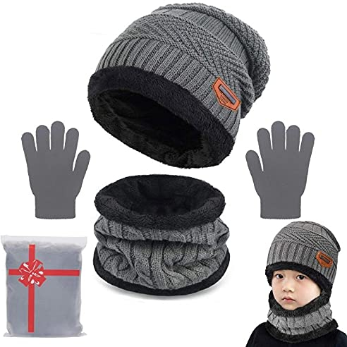 Yutdeng Unisex Baby Winter Warm Knit Mütze Hut Schal Handschuhe Set Touchscreen-Handschuhe Strick mit Kreis Loop Schal Fleece Gefüttert für Ski 3-in-1 Mütze Winter-Set(Grau,One size)