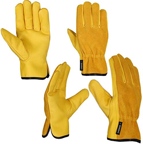 Work Gardening Gloves for Men Women 2 Pairs Leather Gloves Heavy Duty Construction Breathable and Flexible Safety Thorn Proof Gripper Mechanic Welding Gloves (L)