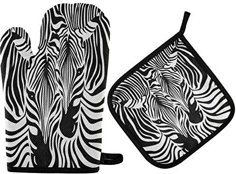 Mnsruu Zebra Leopard Sriped Black White Oven Mitt and Pot Holder Set Heat Resistant Kitchen Glove for Cooking Baking Grilling Barbecue