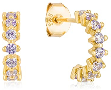Brandlinger ® Damen Ohrringe Silber 925. Funkelnde Creolen mit Zirkoniasteinen (Lavendel). Schmuck Damen vergoldet mit 18 Karat (Gold) für Frauen und Mädchen. Durchmesser der Huggies vergoldet: 12mm.