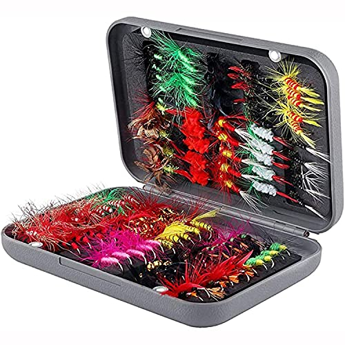 ANCLLO 100-teiliges Fliegenfischen-Set – Trocken- und Nassfliegen-Sortiment mit wasserdichter Box zum Forellenangeln