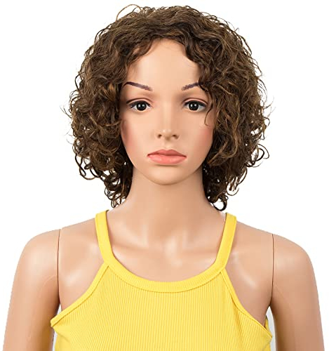 DÉBUT Kurze Bob Perücke mit Air Bangs Kurze lockige gewellte Echthaar Bob Perücke für Damen 25 cm 120g 130% Dichte (25 cm, Braun)