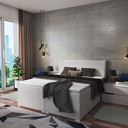 FEDVE Boxspringbett River | 200x180 cm | Geräumiges, gestepptes Bett im LOFT-Stil | Für jedes Schlafzimmer geeignet (Öko-Leder - Soft 17, Weiß)