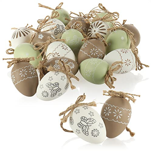 COM-FOUR® 18x Pendenti decorativi Pasqua - Uova di Pasqua in plastica da appendere - ciondoli per albero di Pasqua in colori tenui (18 pezzi - bianco beige menta)