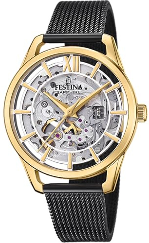 Festina Damen Automatikuhr Edelstahl 316L Schwarz - Damenuhr - Saphirglas hochresistent F20629/2