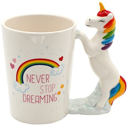 Dekohelden24 Kaffeebecher Kaffeetasse Einhorntasse aus Keramik - Motiv: Regenbogen mit Einhorngriff - Größe: ca. H/Ø: 11 x 8 cm/Fassungsvermögen: 400ml