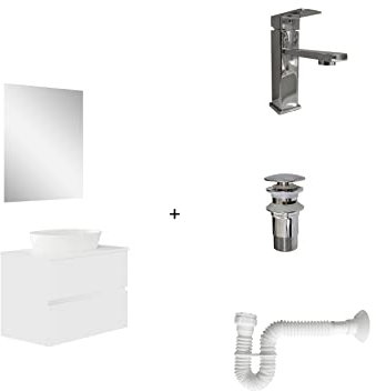 Baikal Pack solución Completa. Incluye: Mueble de Baño, Lavabo cerámico, Grifo, Sifón Extensible y Válvula de desagüe. Mueble MONTADO. Entrega Todo en uno. 2 Cajones con Espejo 70 cm Blanco