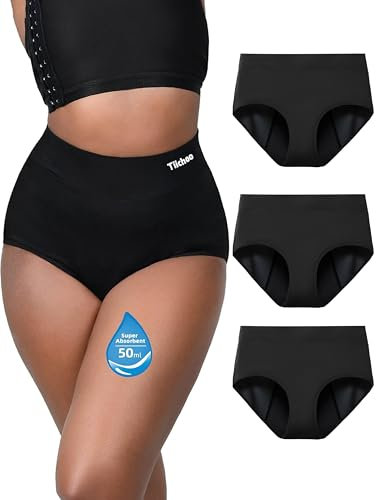 TIICHOO Periodenunterschwäsche Starke Blutung Hohe Taille Inkontinenzhose Damen 3er Pack (42, 3 Schwarz)