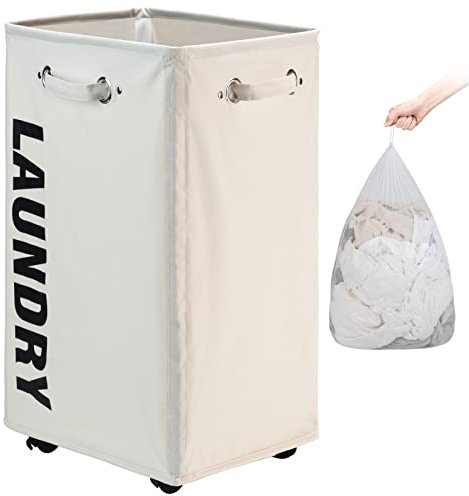 DOKEHOM 29-Inches X-Large Wäschekorb mit Abnehmbarem Waschbeutel auf Rollen, Zusammenklappbarer Rollender Wäschekorb, Faltbarer Kleider-Organizer, Faltbarer Waschbehälter (Beige)