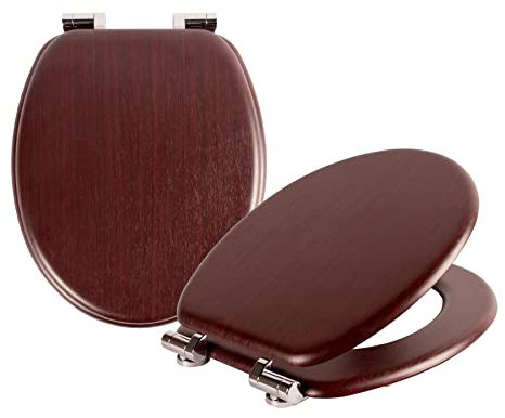Harbour Housewares Soft Close Toilet Seats - Mahogany - Pack of 2 - Oval-Shaped Wooden Toilet Seat Antibacterial Loo Lid with Universal Chrome Hinges, Fixings & Fittings