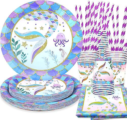 JTKLION Vaisselle de Fête Sirène,125 Pièces Set de Assiettes Papier Sirène Anniversaire Fille,Set Vaisselle Jetables Sirène Violet avec Assiettes en Papier, Gobelets en Papier et Pailles, 25 Invités