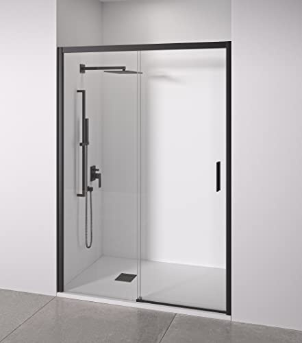 Mampara de ducha frontal 1 corredera + 1 fijo - sin perfilería inferior - Cristal transparente templado 6mm antical - Negro Mate - Ancho adaptable 175 a 180cm - Posición puerta derecha - Alto 195cm