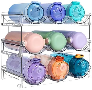 Sbosbo Organizador de botellas de agua, estante de almacenamiento apilable para botellas, paquete de 3 soportes para botellas de agua para cocina, nevera, gabinete, organización y almacenamiento,