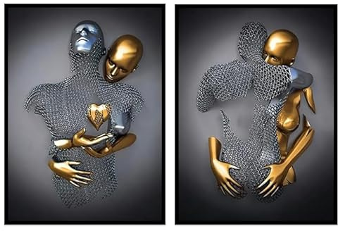Abstrakte Kunstfigur Metall Skulptur Wandbild, Moderne Liebe 3D Effekt umarmen Wohndekoration Druckposter, Rahmenlos (Stil 1,70X100CM*2)