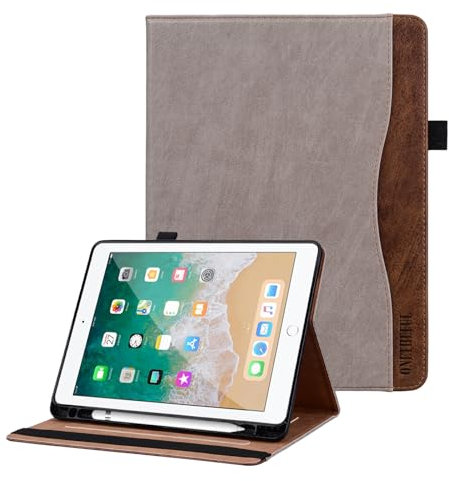 ONETHEFUL Hülle für iPad 9.7 Zoll 6. Generation 2018/5. Generation 2017 /iPad Air 1/2,Premium Pu Leder Klappständer Schutzhülle mit Stifthalter und Dokumentschlitze,Auto Schlafen/Wachen Khaki