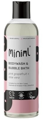 Miniml All Natural Body Wash and Bubble Bath - 500ml Moisturising Pink Grapefruit and Aloe Vera Sensitive Skin Eco Shower Gel Bath Soak - Vegan Friendly High Foam