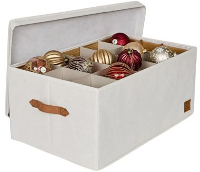 LOVE IT STORE IT - Scatola Portaoggetti Con Coperchio Per Palle di Natale - Con 30 Scomparti, Vassoio Estraibile - Lino-Cotone - Rinforzi In Legno - 58x36x25cm - Beige