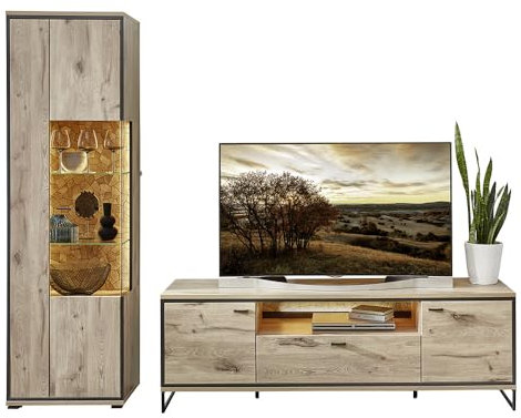 Lomadox Wohnwand TV-Wand braun 2-teilig Modern, 1 Vitrine, 1 Lowboard