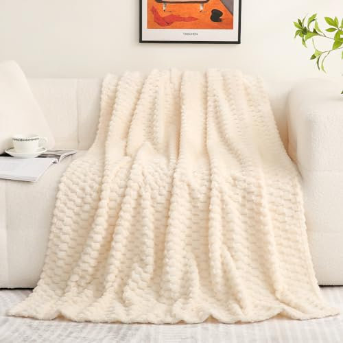 Puncuntex Manta blanca crema de 60 x 80 pulgadas, manta decorativa de franela jacquard 3D, súper suave, acogedora manta para sofá, silla, ligera